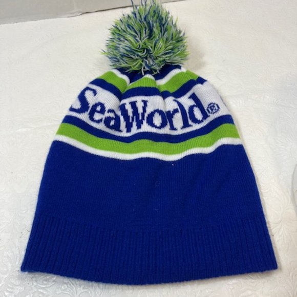 Seaworld Rescue Beanie Winter Sock Knit Hat Cap Blue Green White Pom Pom - Picture 5 of 7